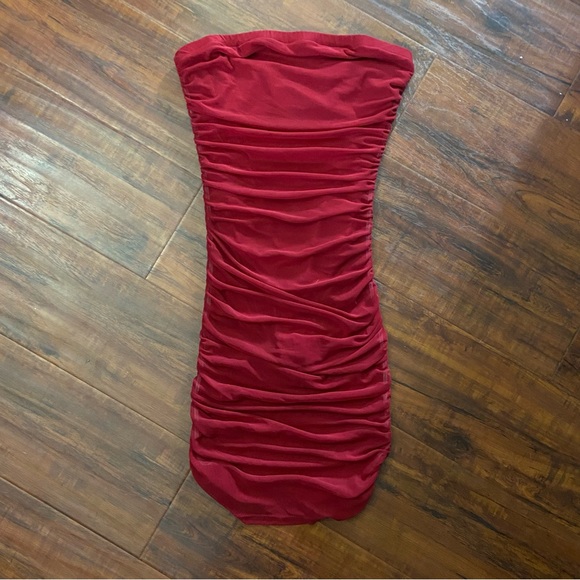 New Maroon Dark Red Semi Sheer Tube Top Bodycon Dress XS - Picture 3 of 4